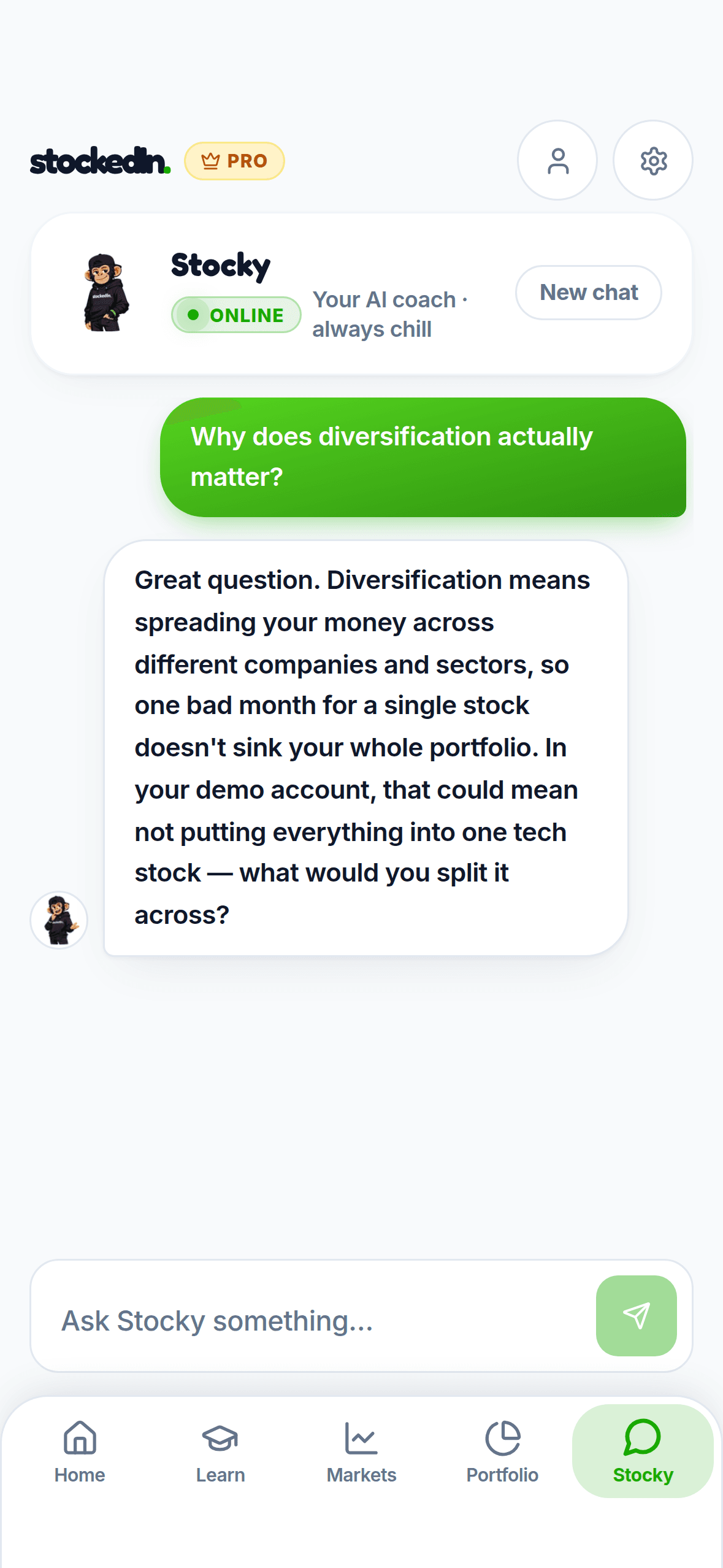 A conversation with Stocky, Stockedin's AI coach, explaining why diversification matters and asking a question back